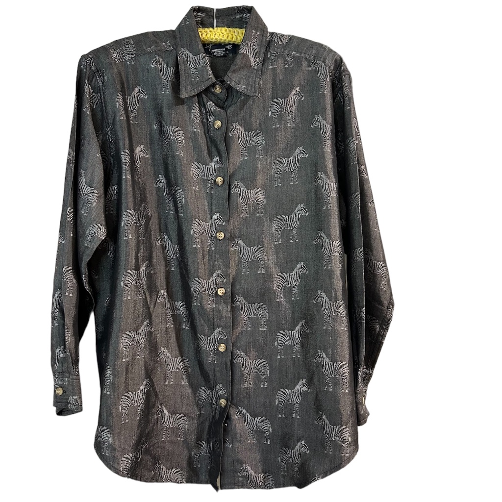 Zebra Print Blouse Shirt Sz M Novelty Dark Gray Safari Long Sleeve
